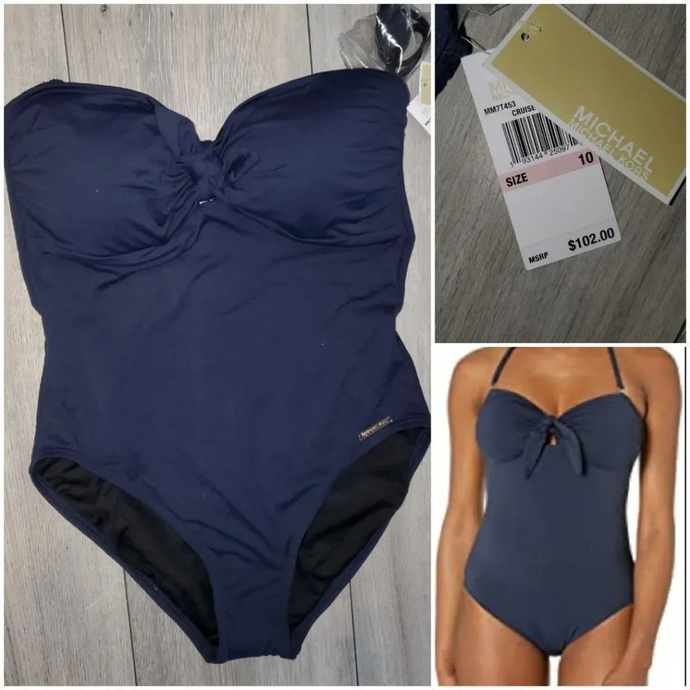 Michael Kors Navy Blue Tie Front Bandeau One-Piece swimsuit size 10 - Picture 6 of 10